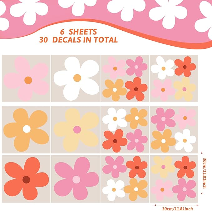 TaoBary 12 Sheet Daisy Wall Sticker Decal Removable Cute Daisy Bedroom Room Decor Flower Wall Sticker Pink White Flower Decal Wallpaper Peel and Stick for Nursery Home(Bright Color,Elegant Style)
