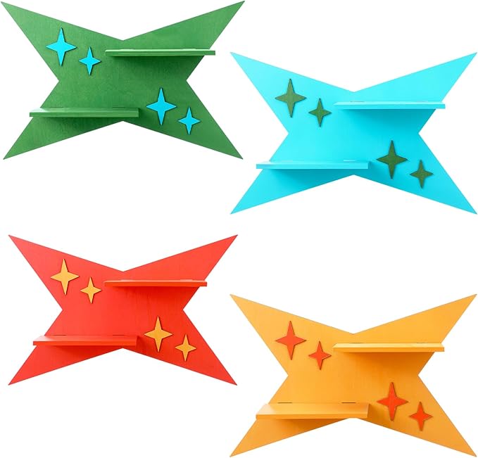 4 Pcs Mid Century Wall Decor Wooden Retro Celestial Star Shaped Burst Wall Art Mount Shelves for Aesthetic Hanging Storage Sign Decoration for Room Bedroom Party(Four-Pointed Star)