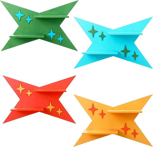 4 Pcs Mid Century Wall Decor Wooden Retro Celestial Star Shaped Burst Wall Art Mount Shelves for Aesthetic Hanging Storage Sign Decoration for Room Bedroom Party(Four-Pointed Star)