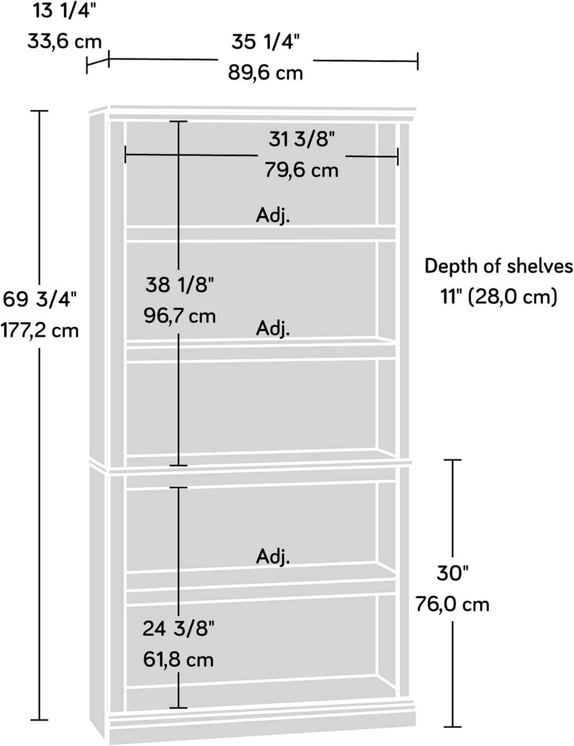 Sauder 5 Tier Book Shelf Wooden Bookcase Multipurpose Bookshelf for Home Office, Living Room, in Chalked Chestnut