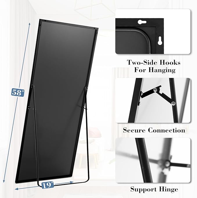 DUMOS Full Length Mirror with Stand, 58"x19" Floor Mirror with Aluminum Alloy Frame for Bedroom, Standing Full Body Mirror with Shatter-proorf Nano Glass for Wall, Living Room, Cloakroom, Black