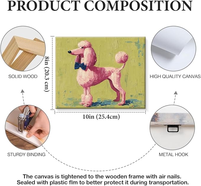 Vintage Pink Poodle Dog Wall Art Print Funky Cute Dog Picture Painting Artwork Aesthetic Wall Decor for Home Living Room Bedroom 8x10 Canvas Framed