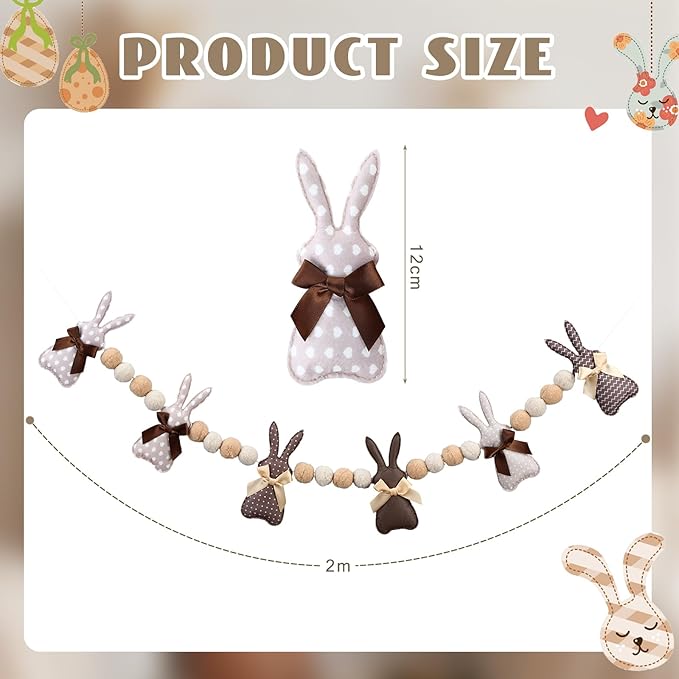8.2 ft Felt Easter Bunny Garland 3D Rustic Cute Rabbit Pom Ball Banner Neutral Brown Vintage Decorative Hanging Bunting Garland for Mantel Fireplace Window Wall Home Farmhouse Decor
