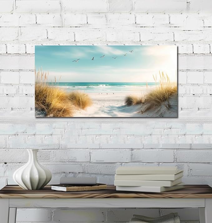 Beach Canvas Wall Art Decor Ocean Pictures Prints for Living Room Coastal Path Painting Seascape Artwork Sea Reeds Landscape for Bedroom Bathroom Home Office Decorations(20"*40")