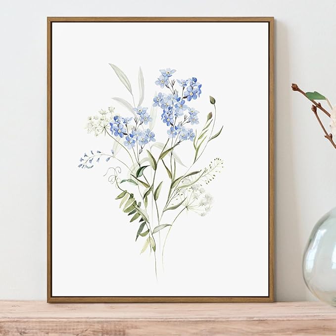 Watercolor Floral Wall Art Blue Yellow Flower Canvas Art Pints Nature Botanical Plants Painting Minimalist Wall Decor Stretched and Framed for Bedroom Bathroom Home Office Decoration - 11"x14"x2Pcs
