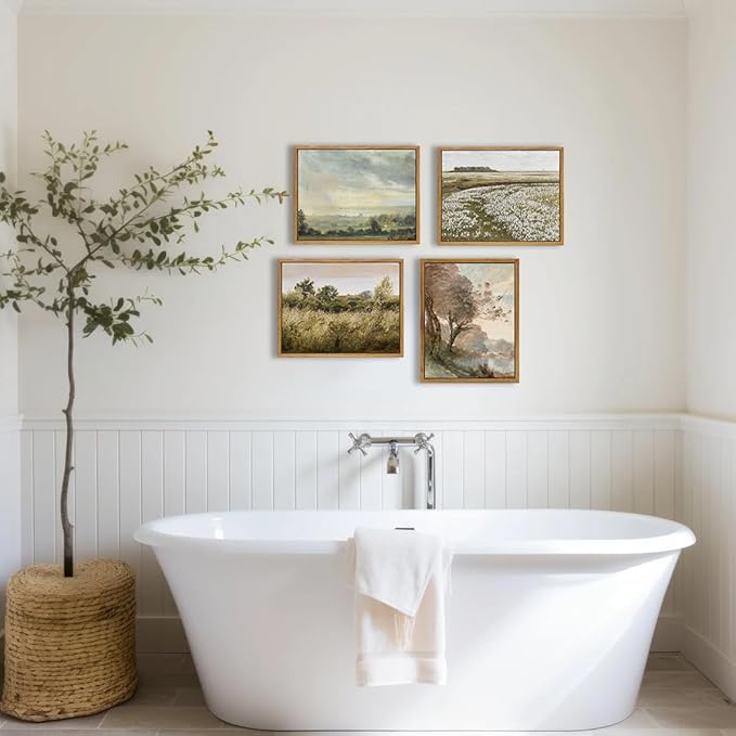 KBKBART Framed Vintage Wall Art Prints, Retro Countryside Flower Field Nature Wilderness Canvas Painting Farmhouse Decor Wall Art, Rustic Landscape Wall Decor for Bathroom, Bedroom Living Room,