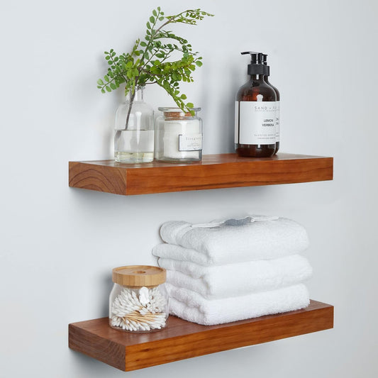 Homeforia 18 inch Floating Shelf Oak, High End Solid Real Wood 18inch Long Floating Shelves for Wall Mounted, Honey Oak Wooden 18in Floating Shelves, Heavy Duty Bracket, 18 X 6.5 X 1.75 inch, Set of 4