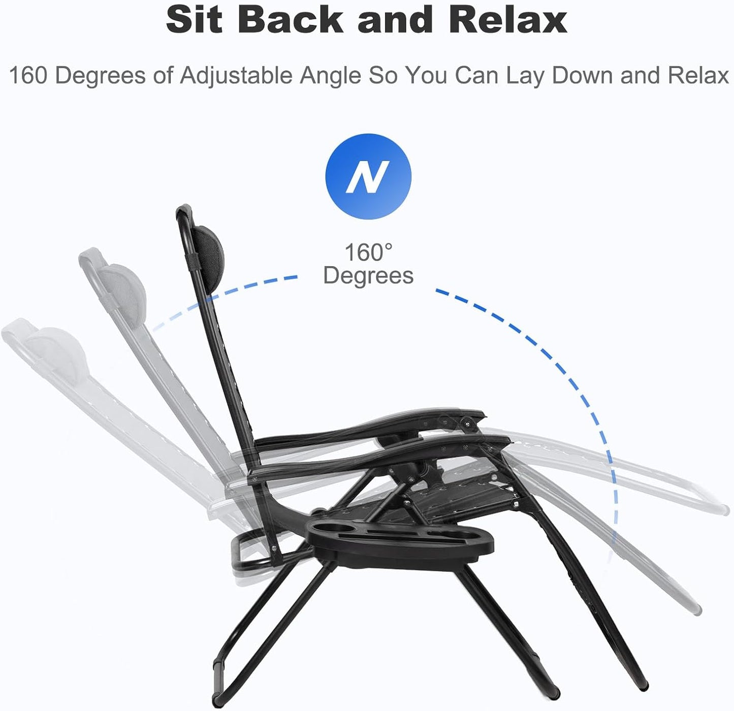 Nazhura Set of 2 Relaxing Recliners Patio Chairs Adjustable Steel Mesh Zero Gravity Lounge Chair Beach Chairs with Pillow and Cup Holder Black