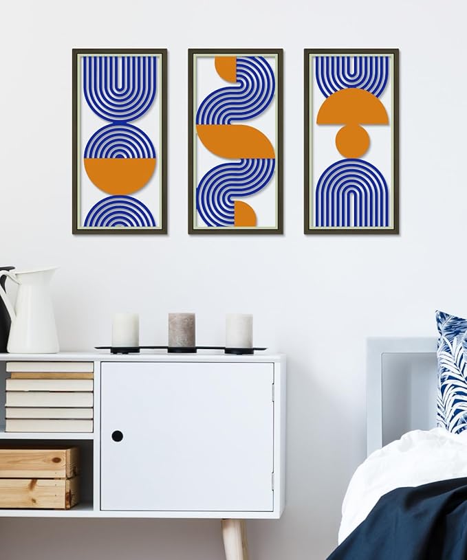 Putuo Decor Modern Minimalist Wall Decor Set of 3, Blue Orange MDF Cut-Out Geometric Line Panels, Abstract Vertical Art for Living Room Bedroom Office Wall Art