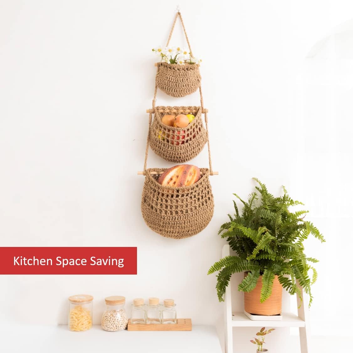Hanging Fruit Basket, 3 Tier Woven Jute Wall Hanging Basket for Organizing, Hanging Produce Basket for Fruit & Vegetable Storage, Boho Kitchen Decor, Wall Basket Storage for Kitchen, Bedroom, Bathroom