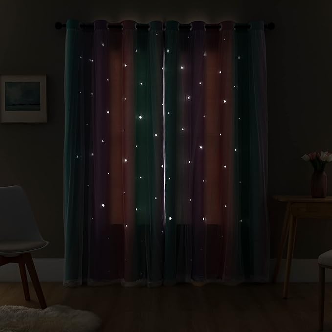 XiDi Dream Star Blackout Curtains for Kids Rooms Girl Princess Curtain for Daughter Bedroom Window (Pink Purple Green, W34 X L84)