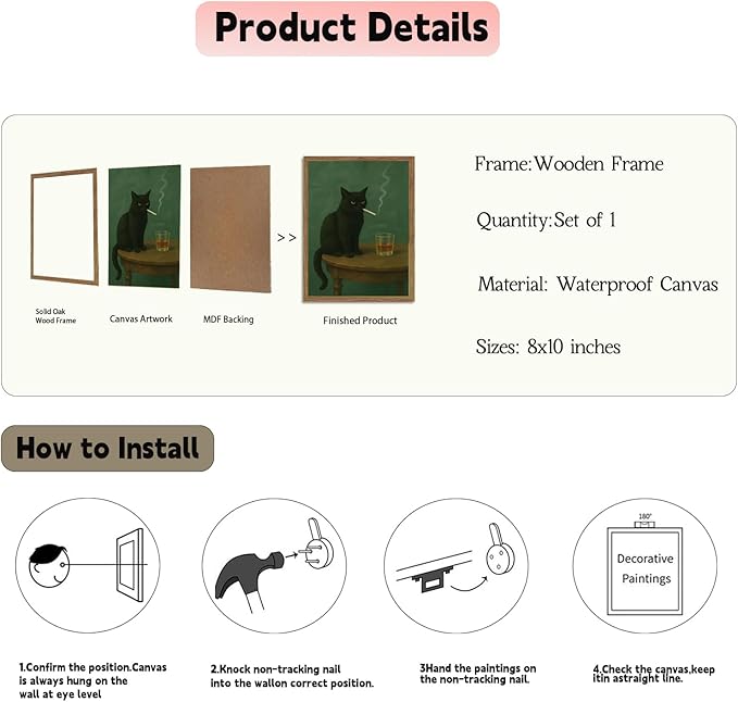 Funny Black Cat Wall Art Framed Vintage Moody Cat Canvas Prints Wall Decor Whimsical Cool Animal Paintings Pictures for Living Room Bedroom Bathroom Bar 8x10in