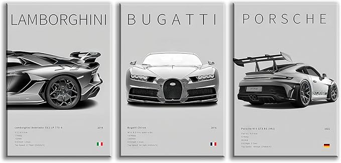CSLGQGV Car Poster Vintage Racing Car Wall Art Supercar Canvas Prints Painting For Men Room Pictures Guys Dorm Room Aesthetics Decor Bedroom Office (black and white car frame, 12x16in)