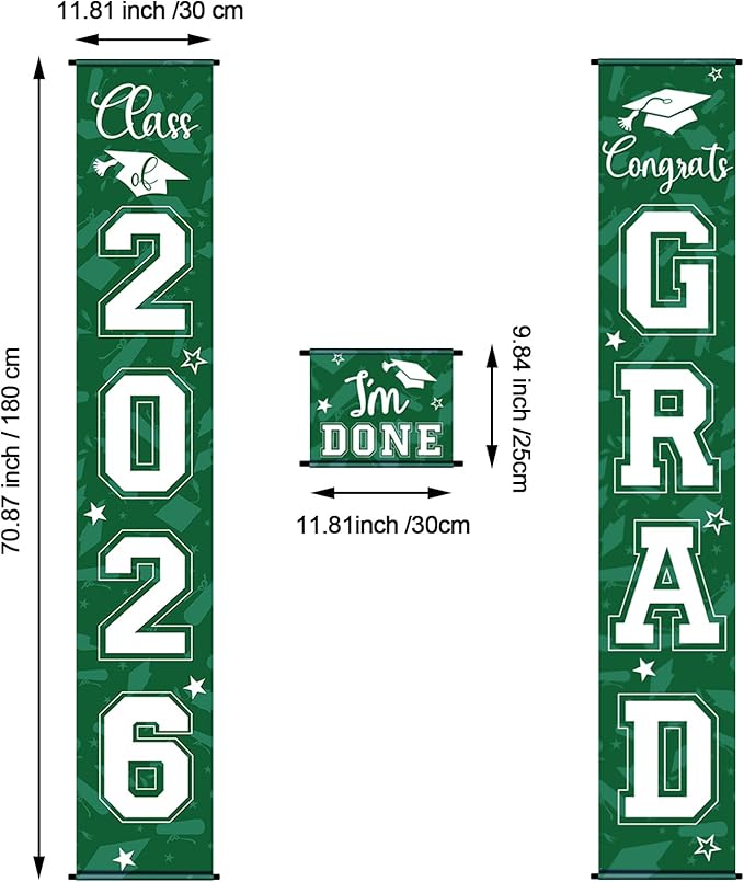 Moukeren 3 Pieces 2026 Graduation Party Decorations Graduation Porch Sign Class of 2026 Grad Hanging Porch Banner Backdrop Door Sign for Grad Party Home Door Wall Decor(Green)