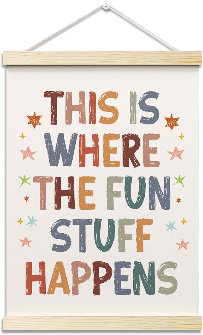 This is Where All The Fun Stuff Happens Posters Hanger Frame for Playroom Boho Hanging Poster for Nursery Classroom Decor Wall Art Decor for Kid Room Canvas Wall Art Print 16x12 Inches - YY055