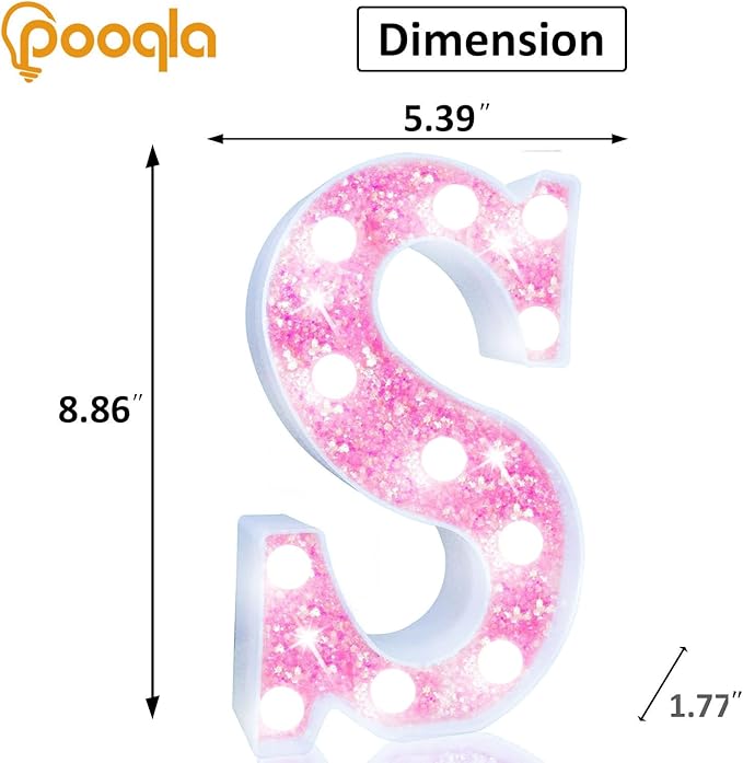 Pooqla LED Marquee Letter Lights, Light Up Pink Letters Glitter Letter Sign for Girls Gifts, Battery Powered for Night Light Birthday Party Wedding Home Bar Christmas Decoration, Cool White Pink S