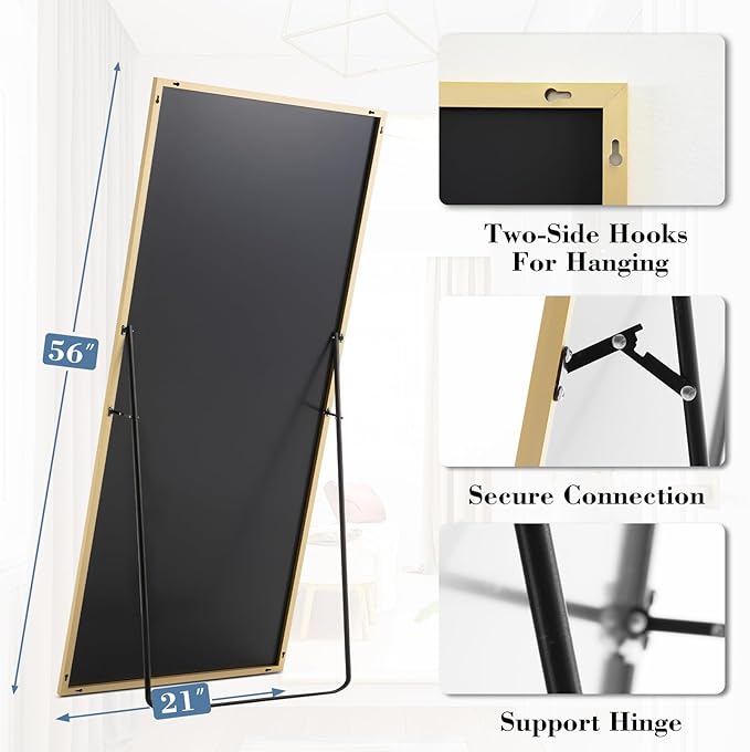 DUMOS Full Length Mirror with Stand, 56"x21" Floor Mirror with Aluminum Alloy Frame for Bedroom, Standing Full Body Mirror with Shatter-proorf Nano Glass for Wall, Living Room, Cloakroom, Gold