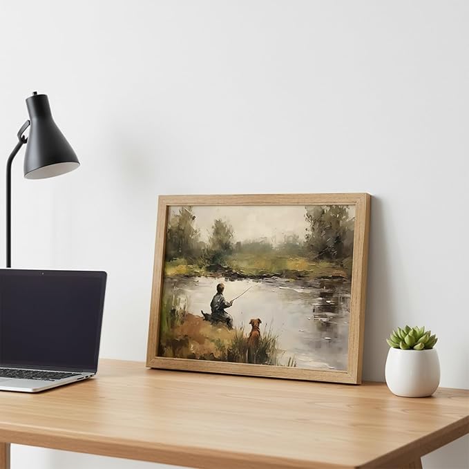 Vintage Fishing Wall Art Rustic Boy Dog Landscape Canvas Print Farmhouse Country Nursery Decor for Boys Bedroom Living Room 8x10inch Framed