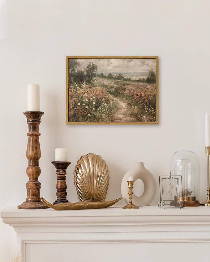 KBKBART Framed Canvas Wall Art for Living Room, Vintage Countryside Wildflower Field Painting Farmhouse Decor, Retro Nature Wilderness Canvas Art Prints, Rustic Landscape Wall Decor for Bathroom, Bedroom Living Room, Vintage Art Wall Decor(12"x16")