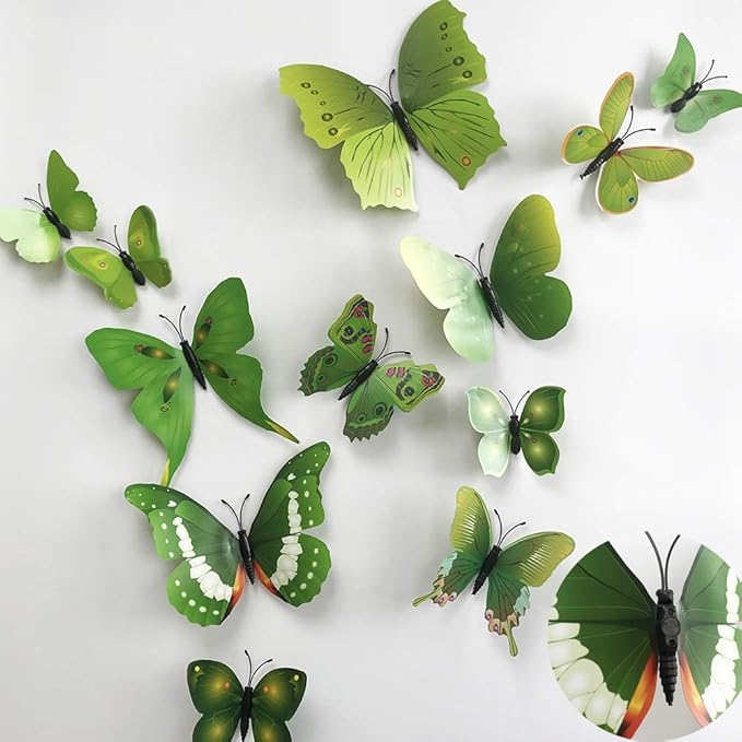 36pcs 3D Colorful Butterfly Wall Stickers DIY Art Decor Crafts for Party Nursery Classroom Offices Kids Girl Boy Baby Bedroom Bathroom Living Room Magnets and Glue Sticker Set1(Green-Single Wing)