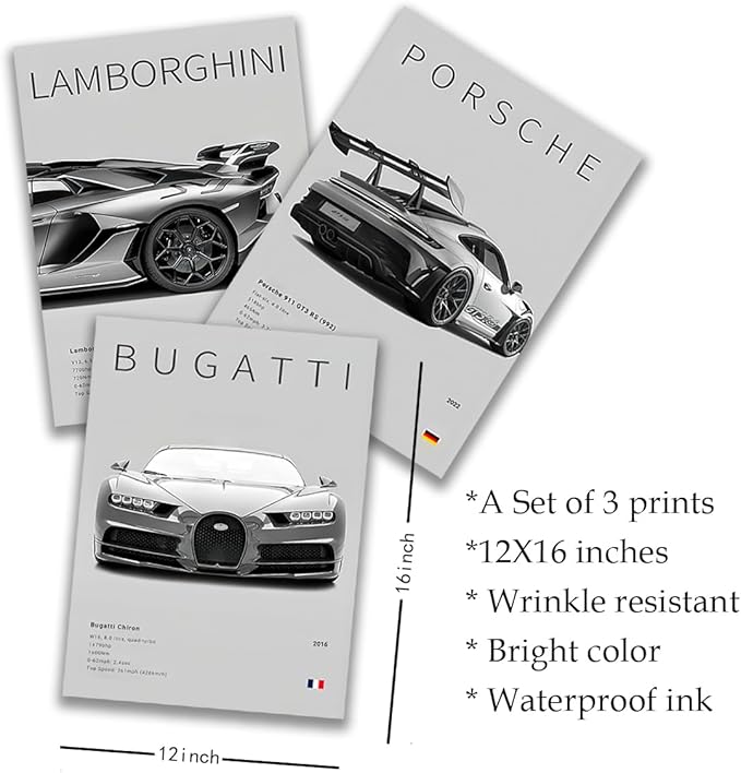 CSLGQGV Car Poster Vintage Racing Car Wall Art Supercar Canvas Prints Painting For Men Room Pictures Guys Dorm Room Aesthetics Decor Bedroom Office (black and white car frame, 12x16in)