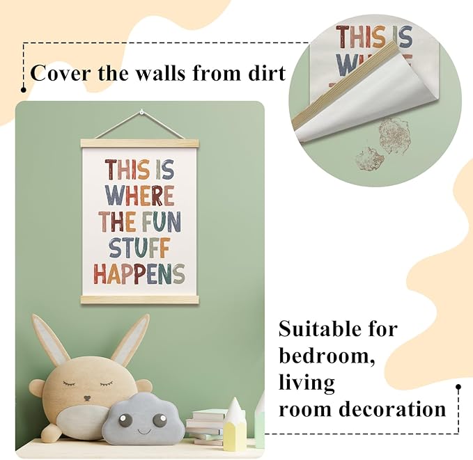 This is Where All The Fun Stuff Happens Posters Hanger Frame for Playroom Boho Hanging Poster for Nursery Classroom Decor Wall Art Decor for Kid Room Canvas Wall Art Print 16x12 Inches - YY057