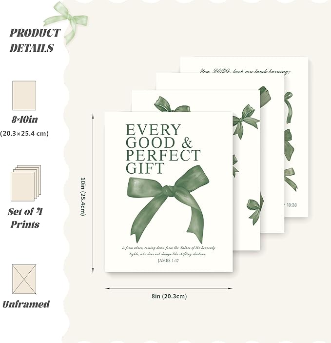 LARTSFRO Coquette Green Bow Wall Art Decor Posters, Olive Green Bow Christian Room Bedroom Bathroom Dorm Wall Art Decor Aesthetic for College Teen Girls Gifts, Inspirational Bible Verses Bow Wall Decor, 10x8 Inch Set of 4 Pcs Bow Pictures (UNFRAMED)