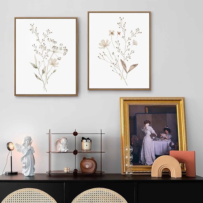 Boho Wall Art Set of 2 Watercolor Botanical Floral Picture Blossomy Wildflower Canvas Art Prints Minimalist Flower Wall Decor for Living Room Bedroom Bathroom Home Office Decoration, 11x14 Inch Framed