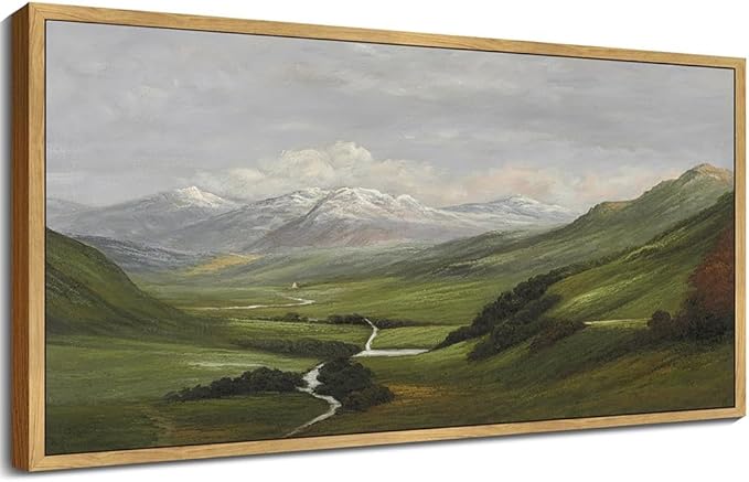 SHENIFY 20x40in Extra Large Vintage Framed Wall Art Mountain Range Valley River Landscape Painting Retro Meadow Scenery Farmhouse Bedroom Above of Bed Living Room Decor - Natural Framed