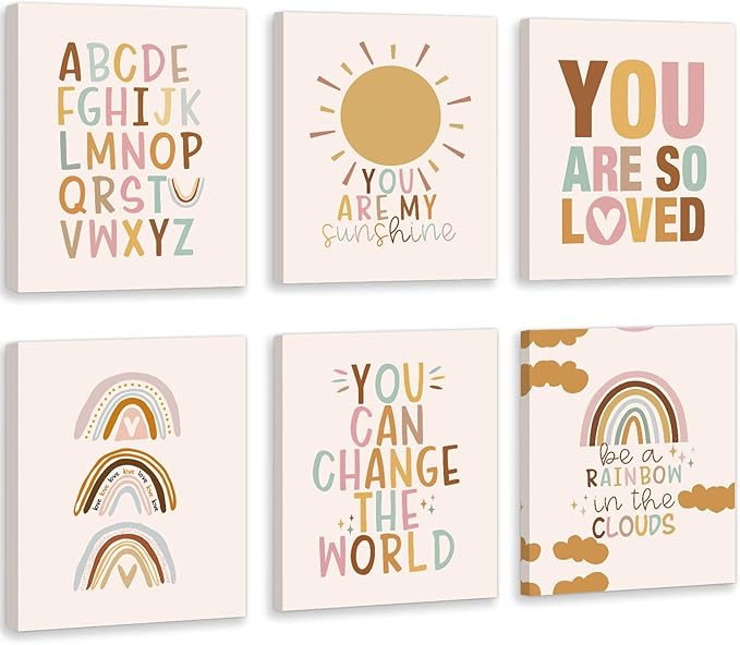 CHDITB Boho Rainbow Nursery Wall Decor, Baby Shower Nursery Decor Kids Room Decor You Are So Loved Rainbows Classroom Wall Decor, Set Of 6(8”X10”) Alphabet Weather Art Print Girl Boy School Decor