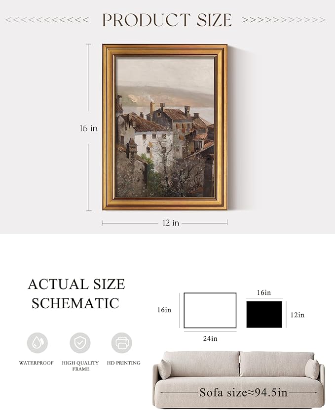ARPEOTCY Gold Framed Canvas Wall Art, 12x16inch, European Towns Landscapes Art Prints, Rustic Retro Decor for Bedroom Living Room Hallway, Neutral Country Shelf Decor,Small