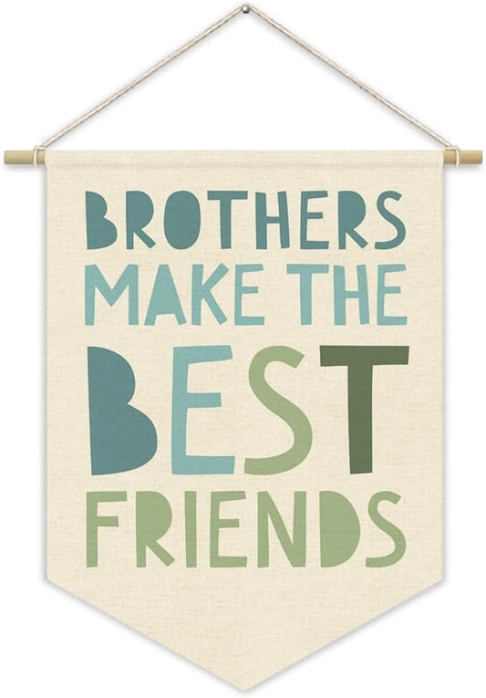 Boy Nursery Decor Canvas Banner,Brothers Make The Best Friends Bedroom Playroom Wall Art Decorations,Boho Twin Room Sign,Big Bro Lil Bro, Sage Green Blue Kids Room Wall Hanging Pennant Banner