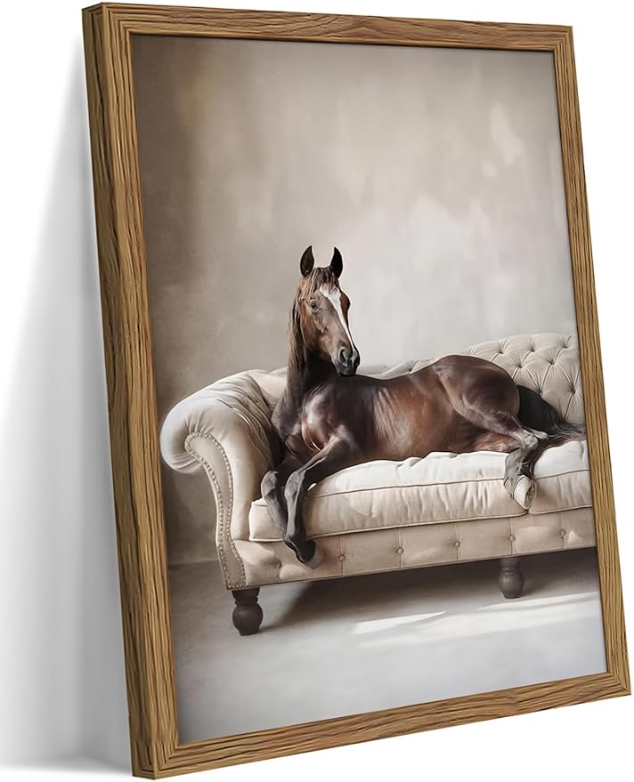 Framed Funny Horse Wall Art, Vintage Brown Horse Laying on Sofa Canvas, Modern Farmhouse Western Wall Decor, Grace Animal Pictures Prints for Living Room Bedroom Office Dorm 12x16 inch