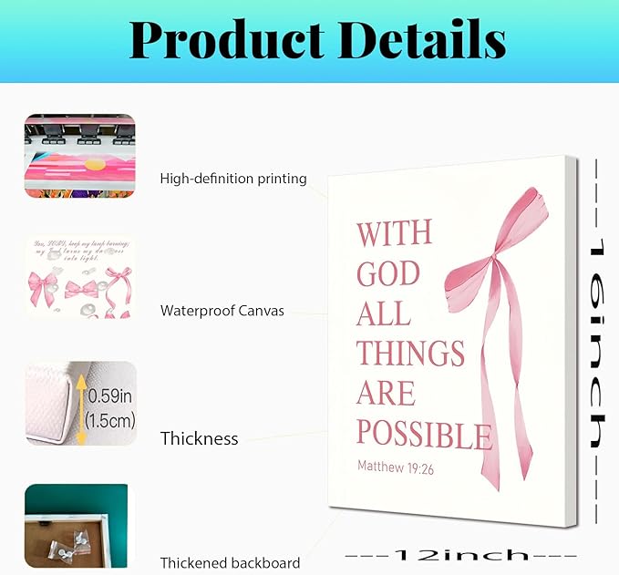 3 Pcs Coquette Pink Bow Canvas Wall Art Inspirational Bible Verses Bow Posters Wall Decor Pink Bow Room Pictures Prints Aesthetic for Girls Room Living Room Bedroom Bathroom Dorm 12x16 Inch Framed