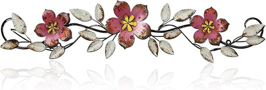 Wesiti Metal Flower Wall Decor Vintage Spring Metal Flower Wrought Iron Scroll Sculpture 15.7''x3.7'' Farmhouse Leaf Wall Decor with Nails for Spring Living Room Bedroom Indoor Outdoor (Pink)