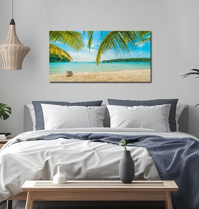 Beach Wall Art Decor Tropical Ocean Canvas Picture for Living Room Blue Seascape Painting for Bedroom Coastal Theme Landscape for Home Office Decorations Ready to Hang(20"*40")