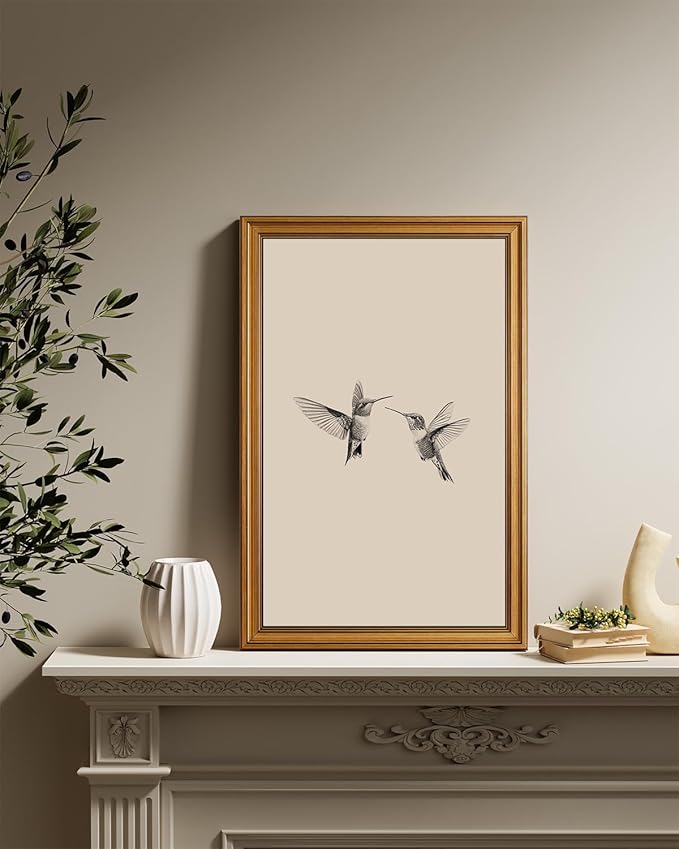 InSimSea Gold Framed Canvas Prints Wall Art, Vintage Birds Decor, Two Hummingbirds Sketch Paintings Farmhouse Large Wall Decor Aesthetic, Minimalist Pictures for Bedroom Living Room, 16x24inch