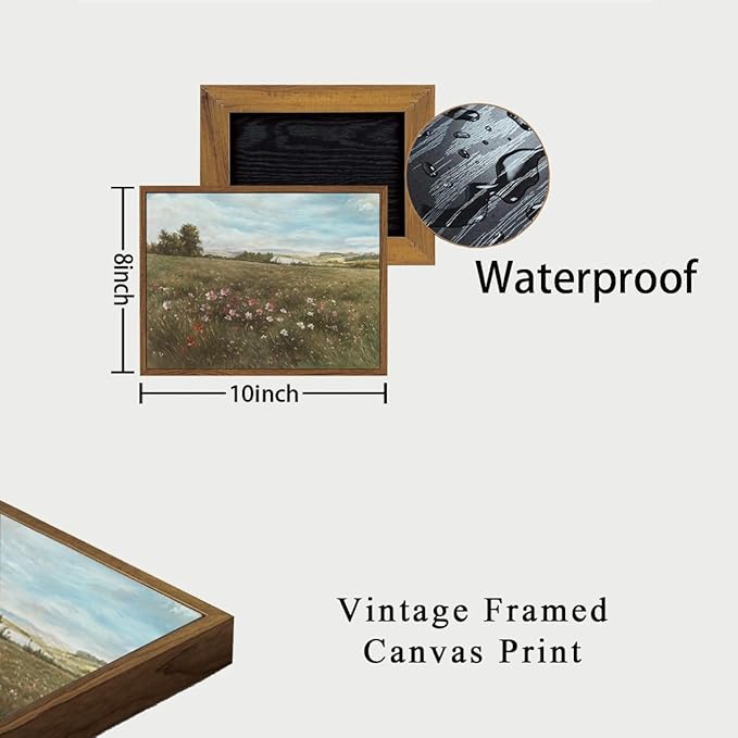 OIQArtOIQ Vintage Landscape Framed Wall Art Summer Countryside Wildflower Canvas Art Prints Farmhouse Cottagecore Pictures Wall Decor Rustic Meadow Paintings Artwork For Kitchen Bedroom Living Room