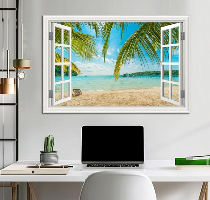 Beach Wall Art Decor Tropical Ocean Canvas Pictures for Living Room White Window Frame Style Large Blue Seascape Painting for Bedroom Coastal Theme Landscape for Home Office Decorations Ready to Hang(32"*48")