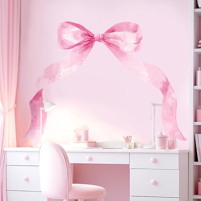 59 x 45 Inch Large Pink Bow Wall Stickers Peel and Stick Coquette Girl Room Decor Large Watercolor Bow Stickers Preppy Waterproof Vinyl Decals Wall Decor for Girl Room Nursery Kindergarten