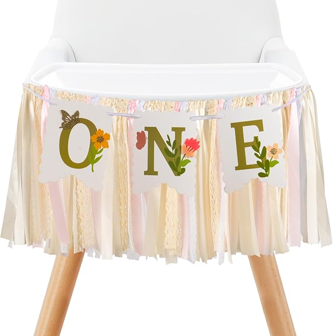 Blossom High Chair Banner with Flower & Butterfly- Floral "ONE" First Birthday Decor for Baby Girls, Little Fairy 1st Highchair Garland, Cake Smash Photo Prop