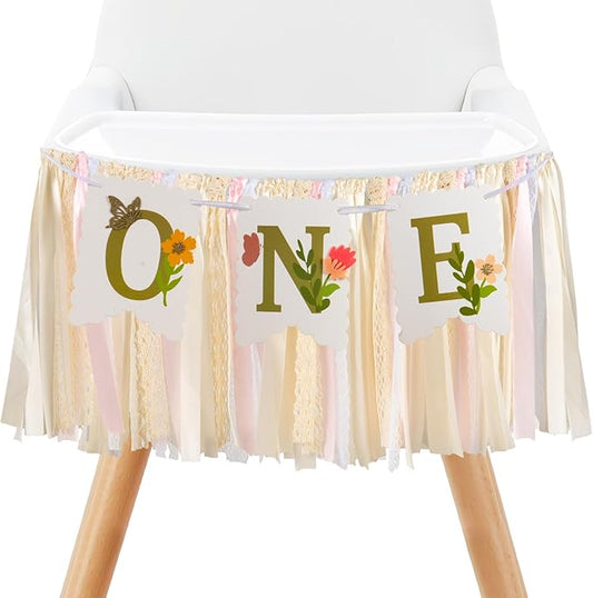 Blossom High Chair Banner with Flower & Butterfly- Floral "ONE" First Birthday Decor for Baby Girls, Little Fairy 1st Highchair Garland, Cake Smash Photo Prop