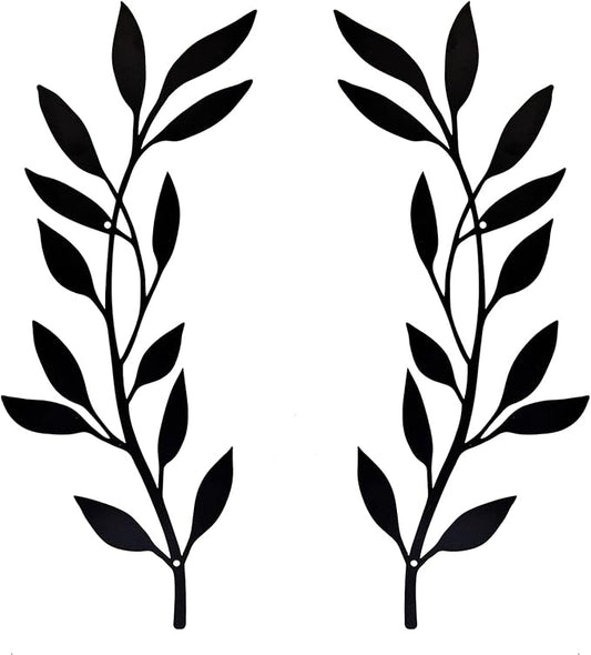 Metal Tree Leaf Wall Decor 2 PCS Rustic Vine Branch Leaf Wall Art for Living Room Bedroom Bathroom Decorations - Black