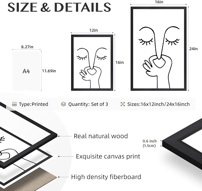 IAFWZX Wood Framed Funny Bathroom Wall Art, Abstract Humor Toilet Wall Decor, Minimalist Face Line Canvas Painting, Modern Black and White Bathroom Poster Print for Restroom Guest Bedroom 12"x16"