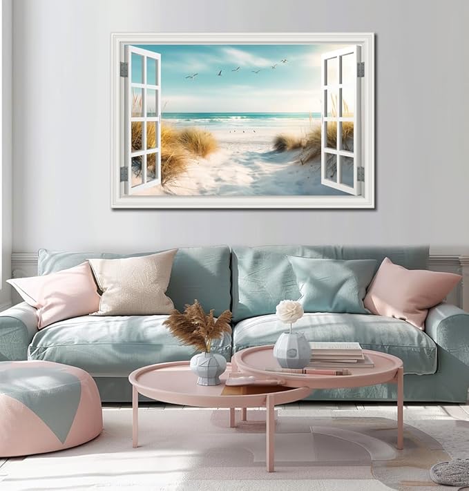Canvas Wall Art - Large Ocean Prints for Living Room & Bedroom - White Window Style Beach Path Painting Coastal Seascape Artwork - Landscape for Home Office Decorations (32"*48")