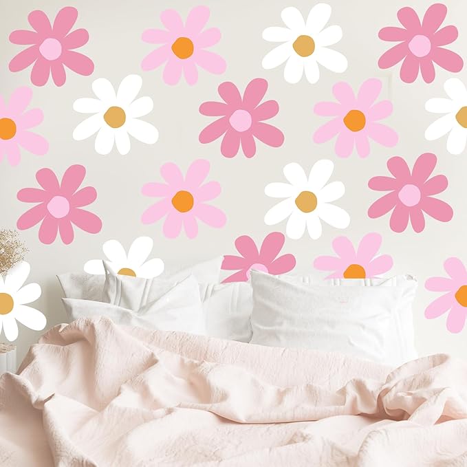 TaoBary 12 Sheet Daisy Wall Sticker Decal Removable Cute Daisy Bedroom Room Decor Flower Wall Sticker Pink White Flower Decal Wallpaper Peel and Stick for Nursery Home(Classic Color,Delicate Style)
