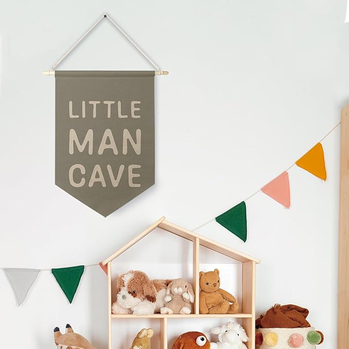 Qpenm Little Man Cave Hanging Wall Canvas Banner, Kids Playroom Hanging Pennant Flag Prints,Sage Green Nursery Boy Wall Decor, Baby Boy Wall Art 12x18in