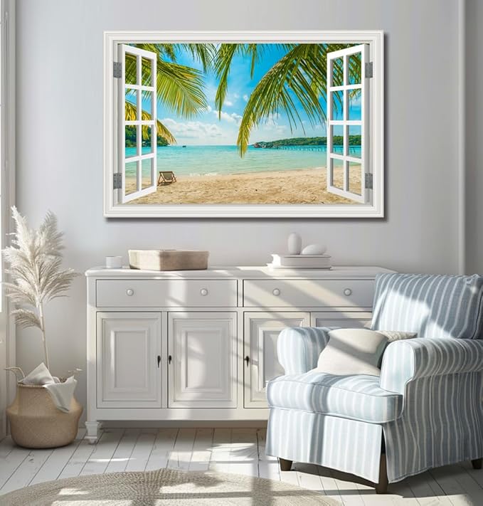 Beach Wall Art Decor Tropical Ocean Canvas Pictures for Living Room White Window Frame Style Large Blue Seascape Painting for Bedroom Coastal Theme Landscape for Home Office Decorations Ready to Hang(32"*48")