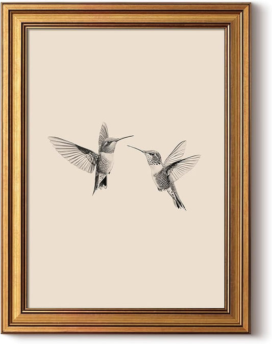 InSimSea Gold Framed Canvas Prints Wall Art, Vintage Birds Decor, Two Hummingbirds Sketch Paintings Farmhouse Wall Decor Aesthetic, Minimalist Pictures for Bedroom Living Room Shelf, 12x16inch