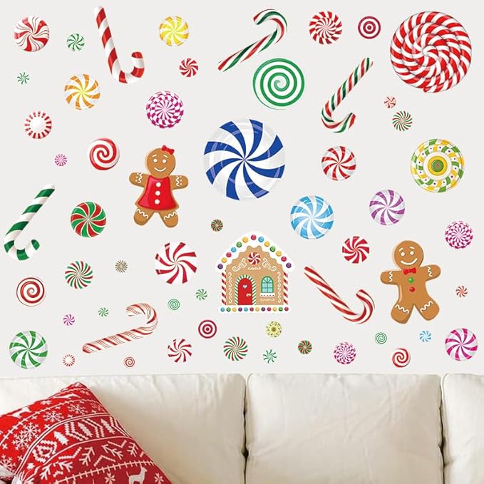 Christmas Candy Wall Decals, 8 Sheet Christmas Decorations Wall Stickers Peppermint Candy Cane Gingerbread Decals for Walls for Candyland Xmas Decoration